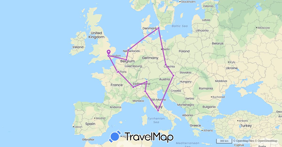 TravelMap itinerary: train in Austria, Belgium, Switzerland, Czech Republic, Denmark, France, United Kingdom, Italy, Liechtenstein, Netherlands (Europe)
